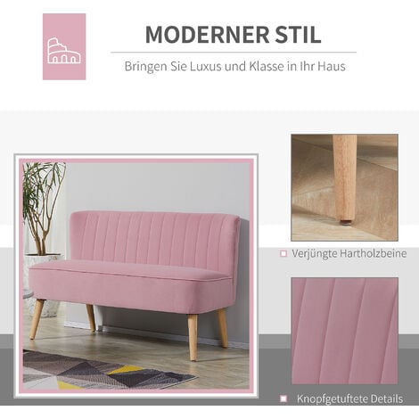 HOMCOM 2-Sitzer Stoffsofa Polstersofa Doppelsofa Sitzmöbel Loungesofa Holz Samtartiges Polyster Schaumstoff Rosa 117 x 56,5 x 77 cm