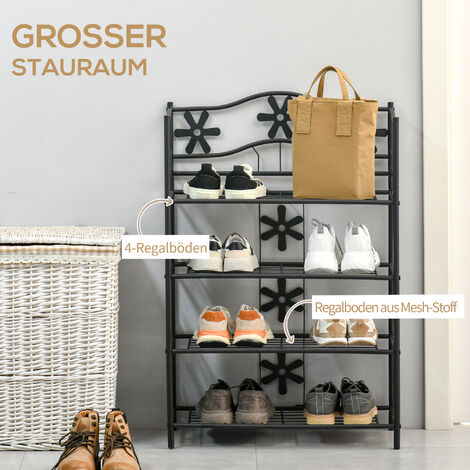 HOMCOM Schuhregal, Pflanzenregal, Blumenregal, Standregal, Ständer, 4 Ebenen, Metall, 59,5 x 30 x 92 cm, Schwarz