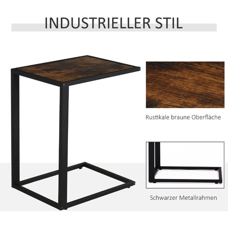 HOMCOM Beistelltisch in C-Form Kaffeetisch Couchtisch Laptoptisch für Schlafzimmer und Wohnzimmer kleiner Bereich mit Metallgestell Industrie-Stil Metall MDF Rustikal-Braun 40,6 x 50,8 X 64,2 cm