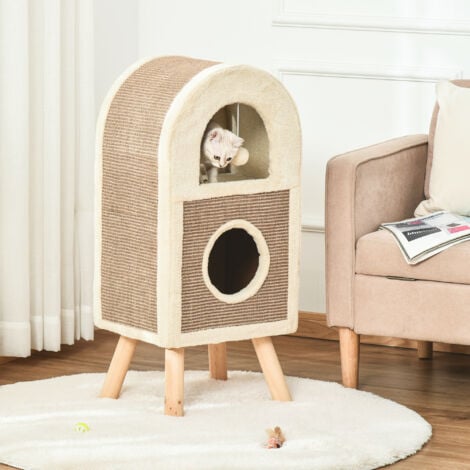 PawHut Kratzbaum Katzenhöhle Katzenkratzbaum Kratztonne mit kratzbrett Spielbällen katzenbett Kratzmatte mehrstöckig Spanplatte Plüsch Sisal Kaffee 40 x 34 x 91 cm