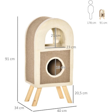 PawHut Kratzbaum Katzenhöhle Katzenkratzbaum Kratztonne mit kratzbrett Spielbällen katzenbett Kratzmatte mehrstöckig Spanplatte Plüsch Sisal Kaffee 40 x 34 x 91 cm