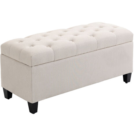 HOMCOM Sitzbank mit Stauraum Polsterbank mit Leinenoptik, Sitztruhe mit Holzbeine, Truhenbank für Wohnzimmer Schlafzimmer Flur 100 x 40 x 44 cm Cremeweiß