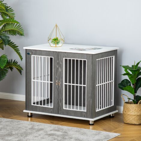 PawHut Hundehütte Hundehaus aus Holz Transportbox Kleintierkäfig für mittelgroße und kleine Hunde erhöhtes Design innen Stahl Grau+Weiß 85 x 55 x 75 cm