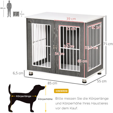 PawHut Hundehütte Hundehaus aus Holz Transportbox Kleintierkäfig für mittelgroße und kleine Hunde erhöhtes Design innen Stahl Grau+Weiß 85 x 55 x 75 cm