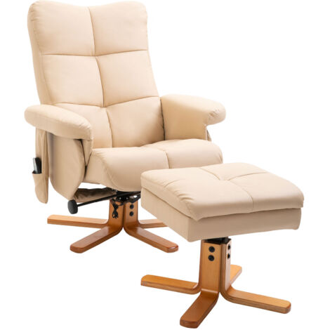 HOMCOM Relaxsessel mit Hocker, 360°drehbarer Fernsehsessel mit Massage, Liegefunktion, Massagesessel mit Seitentasche, TV-Sessel, Kunstleder für Wohnzimmer Cremeweiß (1/5)