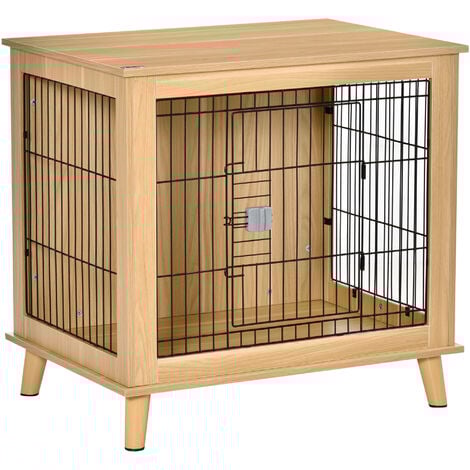 PawHut Hundekäfig aus Holz Transportbox in erhöhtem Design Hundebox Transportkäfig innen Zuhause Tierkäfig Haustier Natur 81 x 58,5 x 76 cm