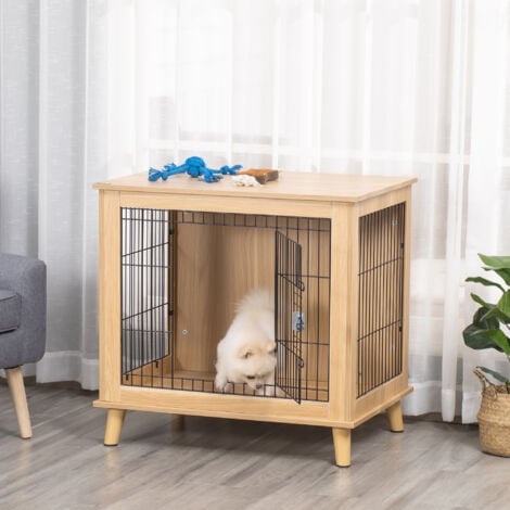 PawHut Hundekäfig aus Holz Transportbox in erhöhtem Design Hundebox Transportkäfig innen Zuhause Tierkäfig Haustier Natur 81 x 58,5 x 76 cm