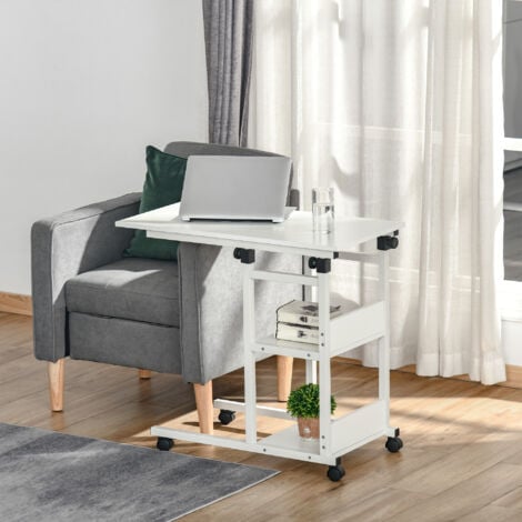 HOMCOM Beistelltisch Couchtisch mit Rollen, Höhenverstellbarer Schreibtisch mit 2 unteren Regalen, Sofatisch Laptoptisch, Betttisch, für Esszimmer Wohnzimmer, Metall, Weiß, 80x40x72-82 cm