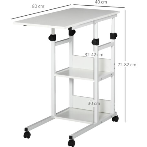 HOMCOM Beistelltisch Couchtisch mit Rollen, Höhenverstellbarer Schreibtisch mit 2 unteren Regalen, Sofatisch Laptoptisch, Betttisch, für Esszimmer Wohnzimmer, Metall, Weiß, 80x40x72-82 cm