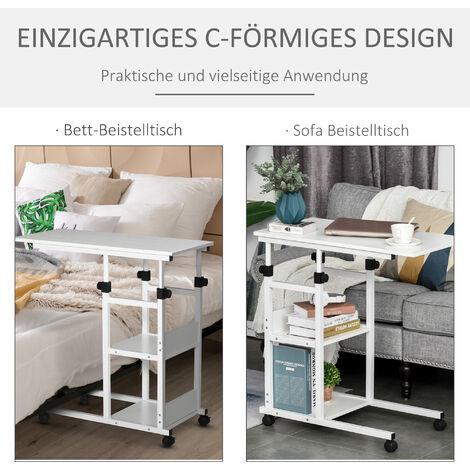 HOMCOM Beistelltisch Couchtisch mit Rollen, Höhenverstellbarer Schreibtisch mit 2 unteren Regalen, Sofatisch Laptoptisch, Betttisch, für Esszimmer Wohnzimmer, Metall, Weiß, 80x40x72-82 cm