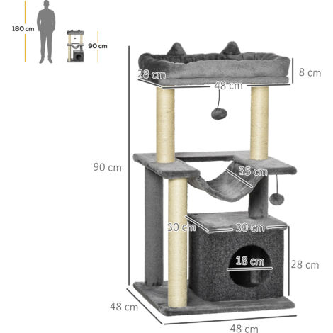 PawHut Katzenbaum 90 cm Kratzbaum mit Hängematte Spielbaum Katzenhöhle Plattformen Kletterbaum Katzenkratzbaum Aktivitätskratzbäum Plüsch Sisal Grau