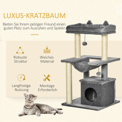 PawHut Katzenbaum 90 cm Kratzbaum mit Hängematte Spielbaum Katzenhöhle Plattformen Kletterbaum Katzenkratzbaum Aktivitätskratzbäum Plüsch Sisal Grau