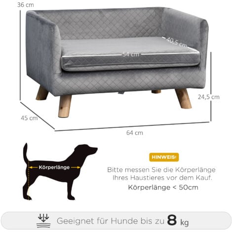 PawHut Hundesofa mit Holzbeinen Hundebett Haustiersofa Hundematte für kleine Hunde bis zu 8 kg Samt-Touch Grau 64 x 45 x 36 cm