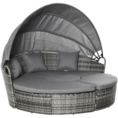 Outsunny Rattan Sonneninsel 4-teilige Loungegruppe mit Sonnendach  Sitzgruppe mit Kissen und Beistelltisch höhenverstellbar Metall Grau 175 x  180 x 147 cm