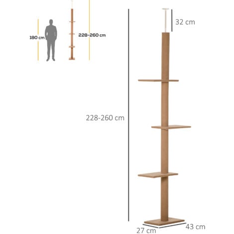 PawHut Kratzbaum Deckenhoch, 228-260 cm Höhenverstellbarer Katzenbaum Kletterbaum für Katzen mit 3 Ebenen, Katzenkratzbaum, Spielbaum vom Boden bis zur Decke Hellbraun