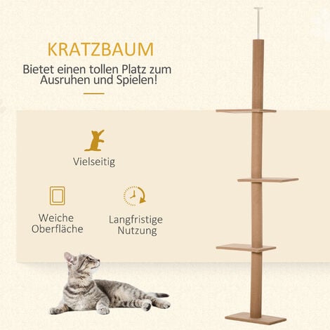 PawHut Kratzbaum Deckenhoch, 228-260 cm Höhenverstellbarer Katzenbaum Kletterbaum für Katzen mit 3 Ebenen, Katzenkratzbaum, Spielbaum vom Boden bis zur Decke Hellbraun