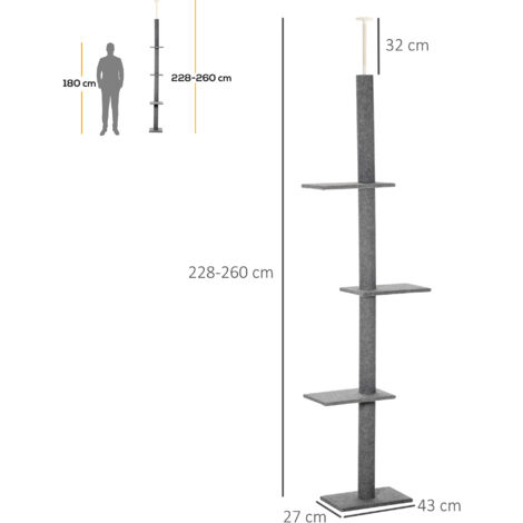 PawHut Kratzbaum Deckenhoch, 228-260 cm Höhenverstellbarer Katzenbaum Kletterbaum für Katzen mit 3 Ebenen, Katzenkratzbaum, Spielbaum vom Boden bis zur Decke Grau