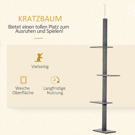 PawHut Kratzbaum Deckenhoch, 228-260 cm Höhenverstellbarer Katzenbaum Kletterbaum für Katzen mit 3 Ebenen, Katzenkratzbaum, Spielbaum vom Boden bis zur Decke Grau