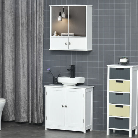 kleankin Hängeschrank Badschrank Spiegelschrank mit Badezimmerschrank x 17,5 Badmöbel 55 Wandschrank Weiß Regale Mehrzweckschrank Glas