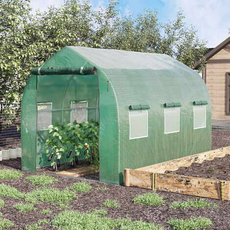 Outsunny Gewächshaus 3x2m – Begehbarer Polytunnel Mit Aufrollbaren Seiten, Mesh-Tür, 6 Fenstern & PE-Abdeckung