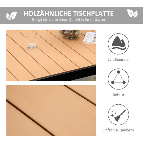Outsunny Gartentisch für 6 Personen Esstisch Aluminiumtisch Gartenmöbel Loungemöbel pflegeleicht Kunststoff Natur+Schwarz 140 x 90 x 74 cm