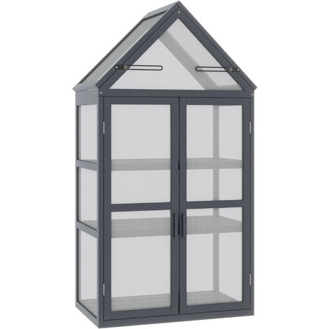 Outsunny Frühbeet Mini Gewächshaus 3 Ebenen Treibhaus Pflanzenbeet mit aufklappbarem Dach Doppeltüren aus Holz Polycarbonat wetterfest Natur 70,5 x 42 x 132 cm