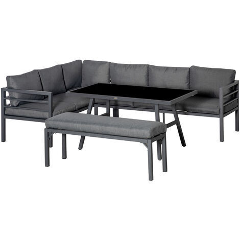 Outsunny 4-teiliges Beistelltisch Gartenmöbel-Set mit Kissen Grau L-Form Sofa Outdoor Balkonmöbel Aluminium Set mit