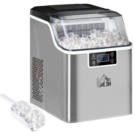 HOMCOM Eiswürfelmaschine, Ice Maker Edelstahl 24 Eiswürfel in 14-18 Min., 20kg/24h, 3,2L Wassertank, Selbstreinigend Eiswürfelbereiter mit 2 Arten der Wasserbefüllung, für Küche, Büro, Party, Silber