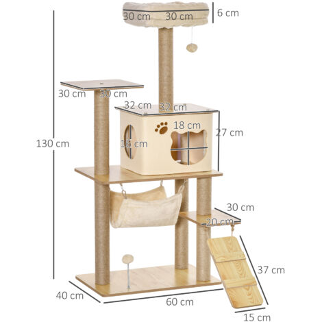 PawHut Kratzbaum Katzenbaum für Katzen Kletterbaum aus Holz mit Katzenhöhle Jutestämmen großer Plattform Spielbälle 130 cm Höhe stabil Plüsch Gelb 60 x 40 x 130 cm