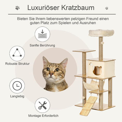 PawHut Kratzbaum Katzenbaum für Katzen Kletterbaum aus Holz mit Katzenhöhle Jutestämmen großer Plattform Spielbälle 130 cm Höhe stabil Plüsch Gelb 60 x 40 x 130 cm