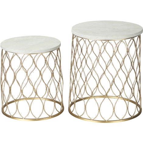 Outsunny 2er-Set Gartentisch Beistelltische Couchtische Retro Drahtkorb Metallkorb Garten Satztisch Gartenmöbel Outdoor Balkon Stahl Gold + Weiß Ø41 x 46 cm