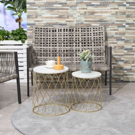 Outsunny 2er-Set Gartentisch Beistelltische Couchtische Retro Drahtkorb Metallkorb Garten Satztisch Gartenmöbel Outdoor Balkon Stahl Gold + Weiß Ø41 x 46 cm