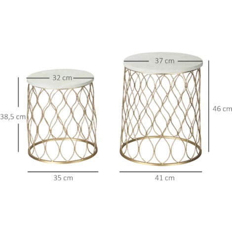 Outsunny 2er-Set Gartentisch Beistelltische Couchtische Retro Drahtkorb Metallkorb Garten Satztisch Gartenmöbel Outdoor Balkon Stahl Gold + Weiß Ø41 x 46 cm