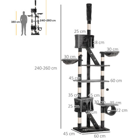 PawHut Katzenkratzbaum 240-260 cm Deckenhoch Kratzbaum groß Kletterbaum Katze Kratzbaum für große Katzen mit Sisalseil Dunkelgrau