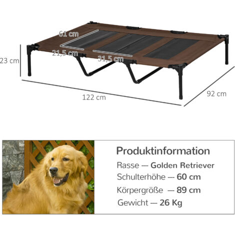 PawHut Hundeliege Outdoor, Erhöhtes Hundebett für Groß Hunde, Kühlende Haustierliege mit Waschbares Mesh robuster Metallrahmen, Haustierbett für Reisen Garten Outdoor, 122 x 92 x 23 cm, Kaffee-Braun