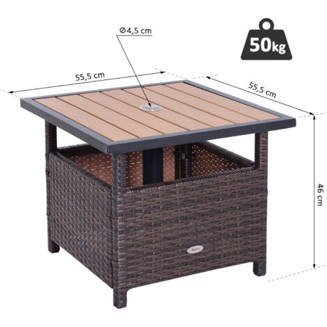 Outsunny Polyrattan Beistelltisch Gartentisch Terrassentisch Schirmständer für Sonnenschirm inkl. Sandsack Braun 55,5 x 55,5 x 46 cm