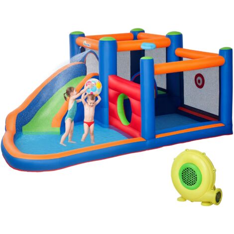 Outsunny Aufblasbare Hüpfburg Wasserpark mit Gebläse Hüpfburg mit Wasserrutsche Basketballkorb Aufblasbare Wasserspielcenter für Kinder ab 3 Jahren Trampolin Pool 380 x 340 x 170 cm