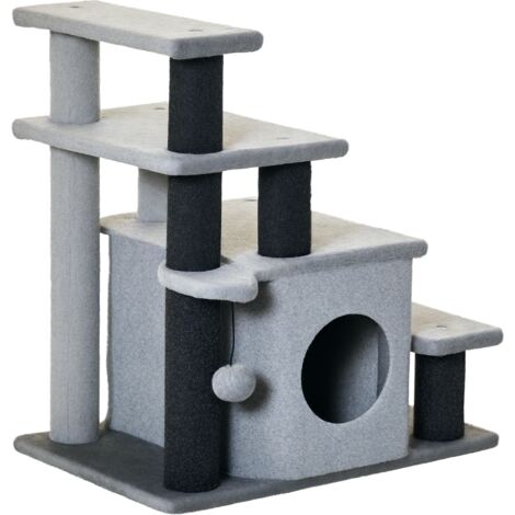 PawHut Hundetreppe 3/4 Stufen 66 cm Hoch Haustiertreppe mit Schlafhöhle, Rampe, Sipielball, Katzentreppe für mittelgroße Katze Hunderampe Einstiegshilfe für Bett, Sofa, Couch, Grau