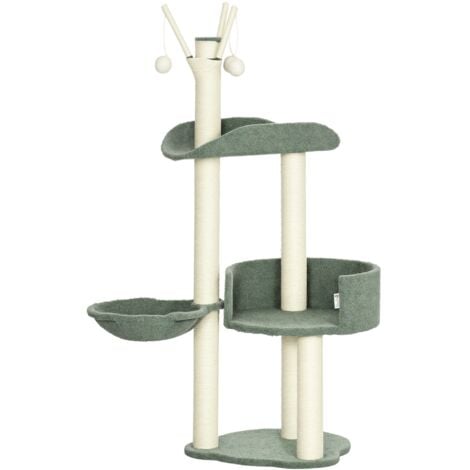 PawHut Kratzbaum 123H cm Kletterbaum Katzenbaum mit Liegekorb und Spielball Sisalsäule Katzenkratzbaum Plüsch Grün+Cremeweiß