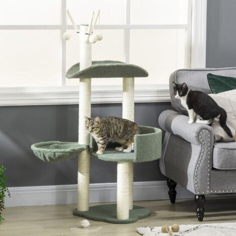 PawHut Kratzbaum 123H cm Kletterbaum Katzenbaum mit Liegekorb und Spielball Sisalsäule Katzenkratzbaum Plüsch Grün+Cremeweiß