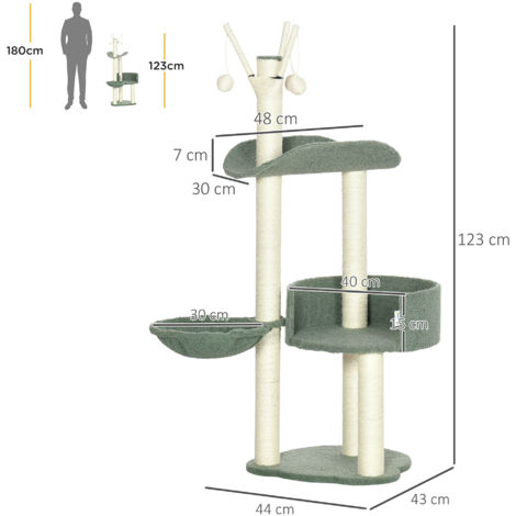 PawHut Kratzbaum 123H cm Kletterbaum Katzenbaum mit Liegekorb und Spielball Sisalsäule Katzenkratzbaum Plüsch Grün+Cremeweiß