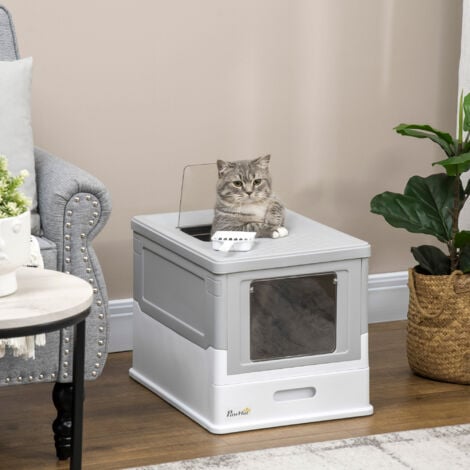 PawHut Katzenklo mit Deckel Katzentoilette mit Haube Schaufel ausziehbares Tablett Katzentoilette für Katzen bis 5 kg 47,5 x 35,5 x 36,7 cm Weiß+Grau