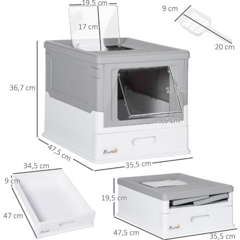 PawHut Katzenklo mit Deckel Katzentoilette mit Haube Schaufel ausziehbares Tablett Katzentoilette für Katzen bis 5 kg 47,5 x 35,5 x 36,7 cm Weiß+Grau