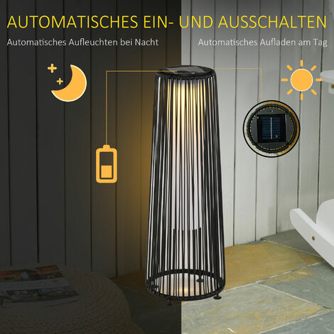 Outsunny Solarlampe Rattan mit Lichtsensor, Aufladbar LED Solarleuchte, Solarlaterne IP44 Wasserdichte, Outdoor Lampe, Wegbeleuchtung für Garten Balkon Außen Hof, 21,5 x 21,5 x 61 cm, Schwarz