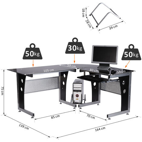 HOMCOM Computertisch Eckschreibtisch Schreibtisch Bürotisch PC Tisch mit schwarzem Sicherheitsglas L-förmig 164x139x75 cm