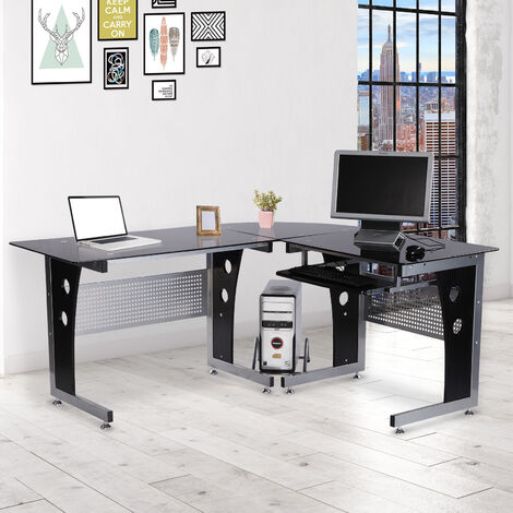 HOMCOM Computertisch Eckschreibtisch Schreibtisch Bürotisch PC Tisch mit schwarzem Sicherheitsglas L-förmig 164x139x75 cm