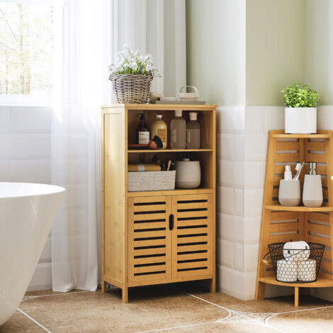 kleankin Badezimmerschrank, Unterschrank aus Bambus, Badschrank mit  Lamellentren, Beistellschrank, Mehrzweckschrank mit Kippschutz,  Landhausstil, Naturholz, 50 x 29 x 92 cm