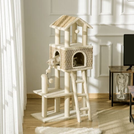PawHut Kratzbaum Katzenbaum 130H cm Kletterbaum mit Katzenhöhle Spielbälle Jutestämmen großer Plattform Spanplatte Plüsch Khaki+Beige