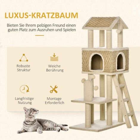 PawHut Kratzbaum Katzenbaum 130H cm Kletterbaum mit Katzenhöhle Spielbälle Jutestämmen großer Plattform Spanplatte Plüsch Khaki+Beige