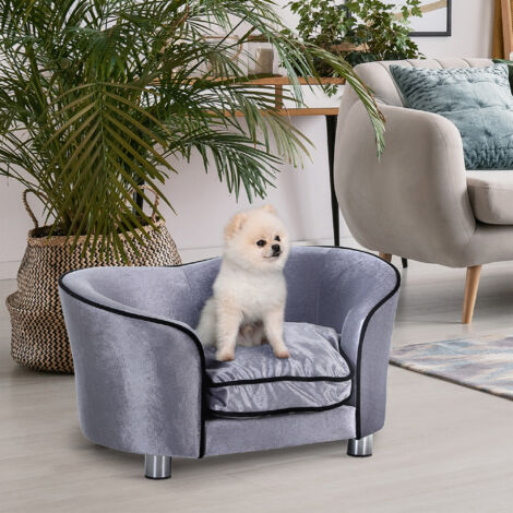 PawHut Hundesofa Luxus Haustiersofa mit Kissen Katzensofa erhöhtes Hundebett Hundecouch Tierbett Plüsch Tannenholz Hellgrau 69 x 49 x 38 cm